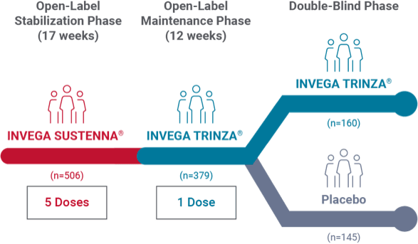 Chart depicting phases of a long-term maintenance study for INVEGA TRINZA® and a placebo group.