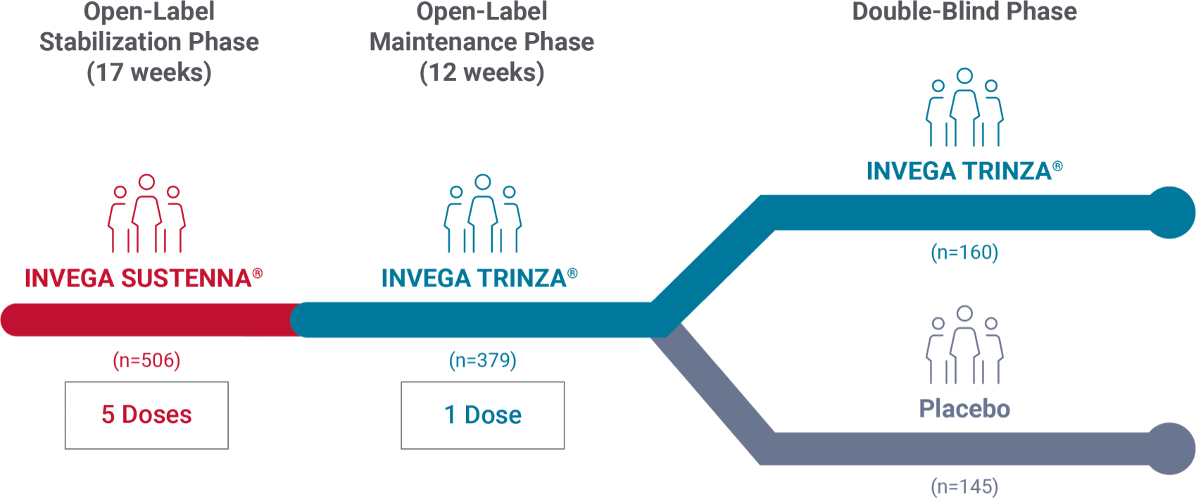 Chart depicting phases of a long-term maintenance study for INVEGA TRINZA® and a placebo group.