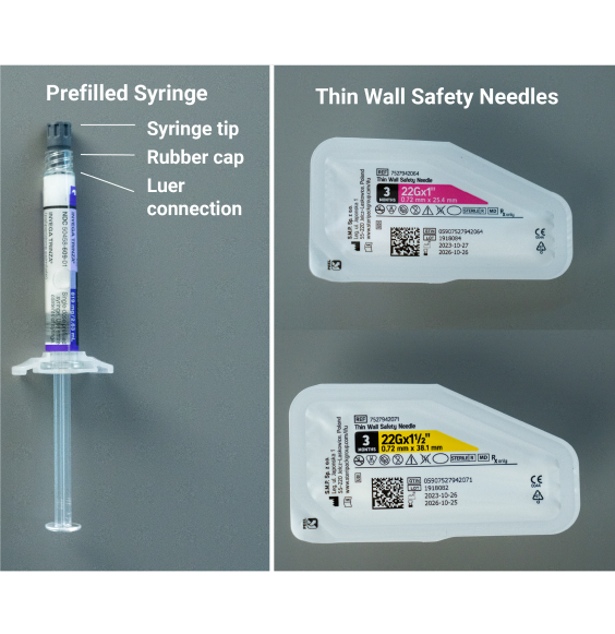 Illustration of INVEGA TRINZA® dose pack with a prefilled syringe and two safety needles.